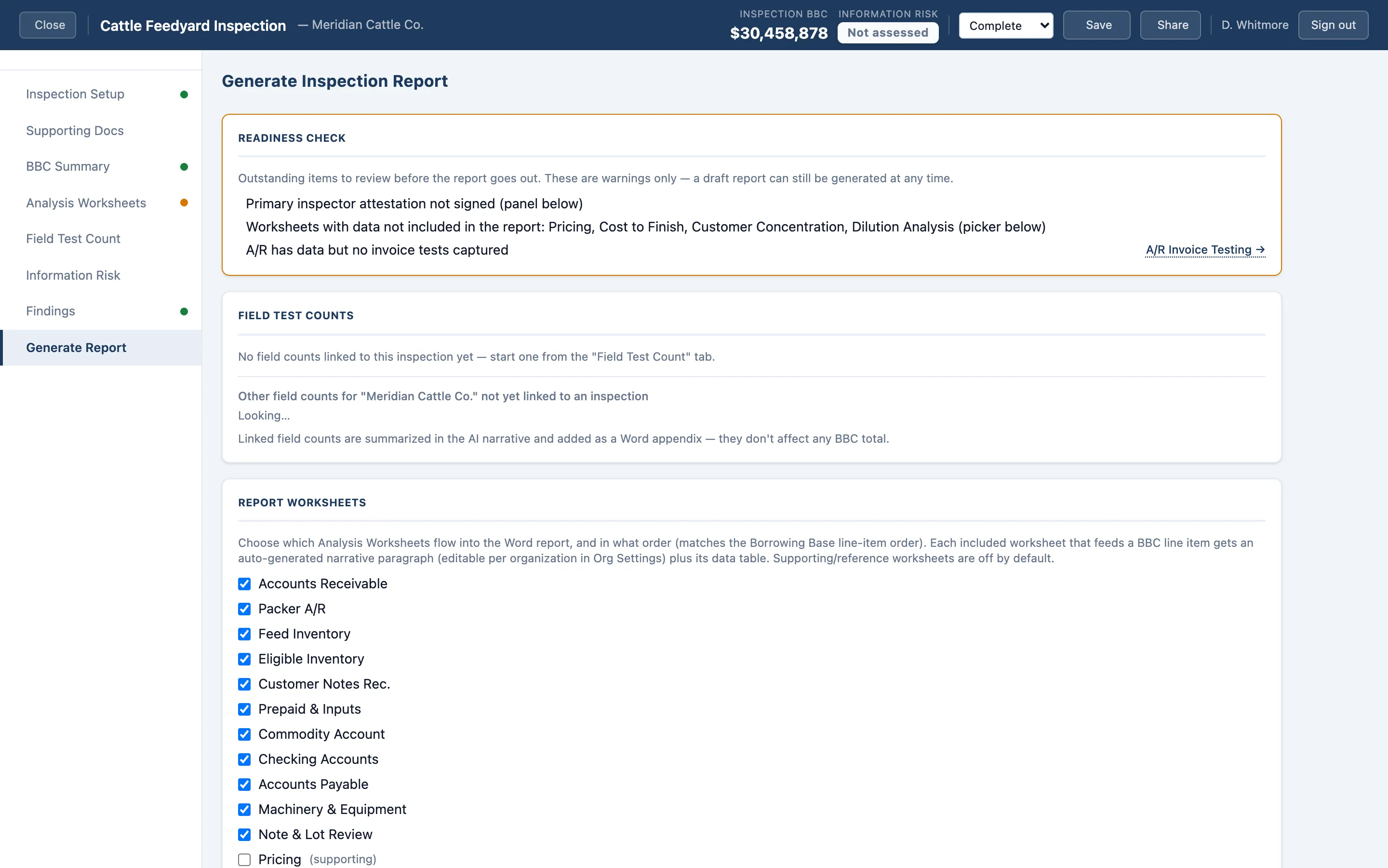 The Generate Report screen with worksheet selection and the Word report download.